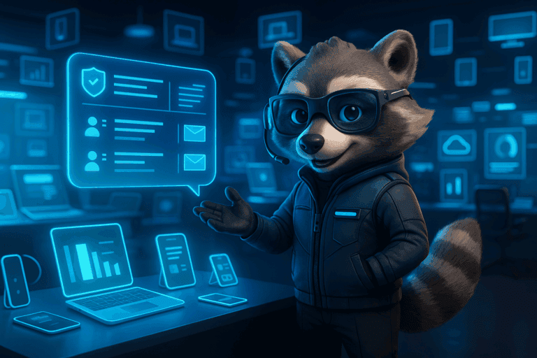Stylised raccoon trainer in front of glowing learning dashboards