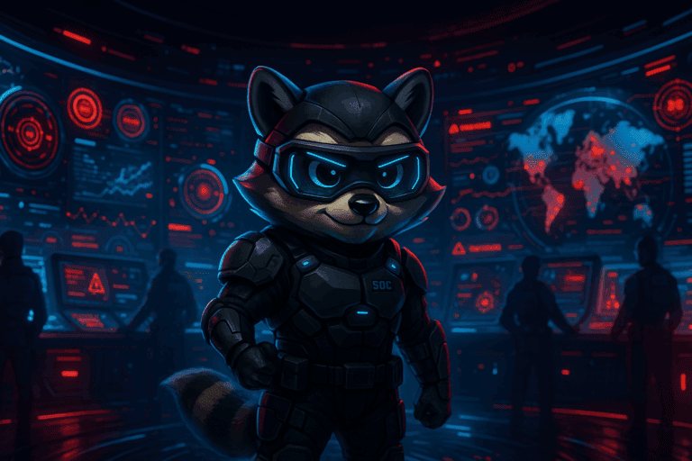 Raccoon in tactical gear inside a red-lit cyber operations centre